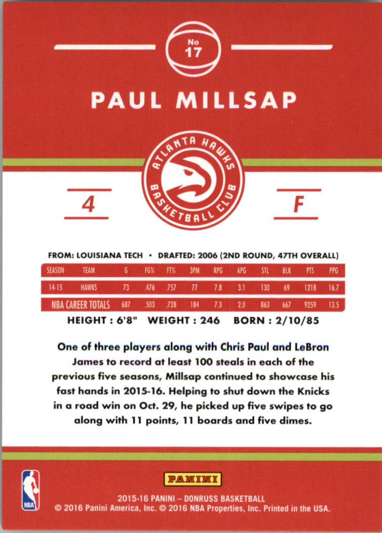 2015-16 Donruss Rebounds #17 Paul Millsap/78 back image