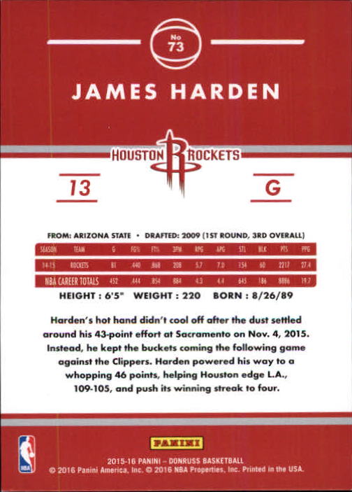 2015-16 Donruss Rebounds #73 James Harden/57 back image