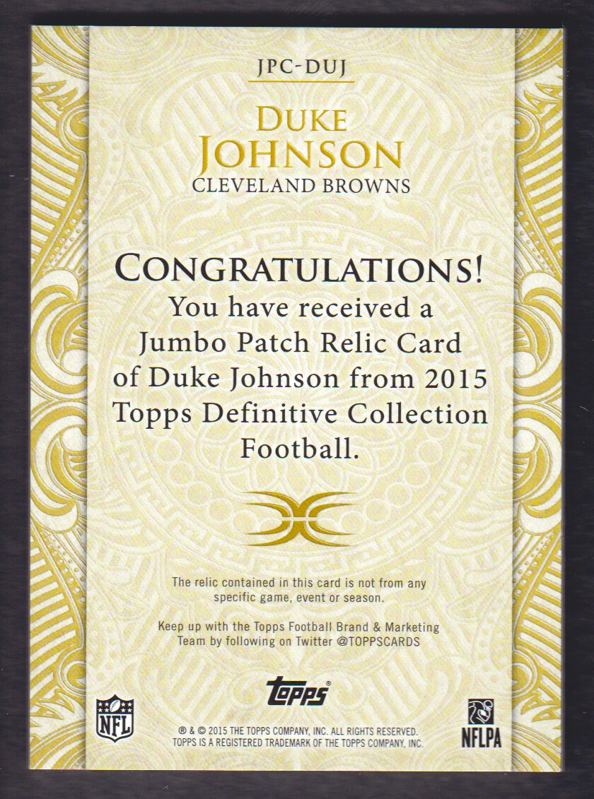 2015 Topps Definitive Collection Jumbo Patch Collection #JPCDUJ Duke Johnson/40 back image
