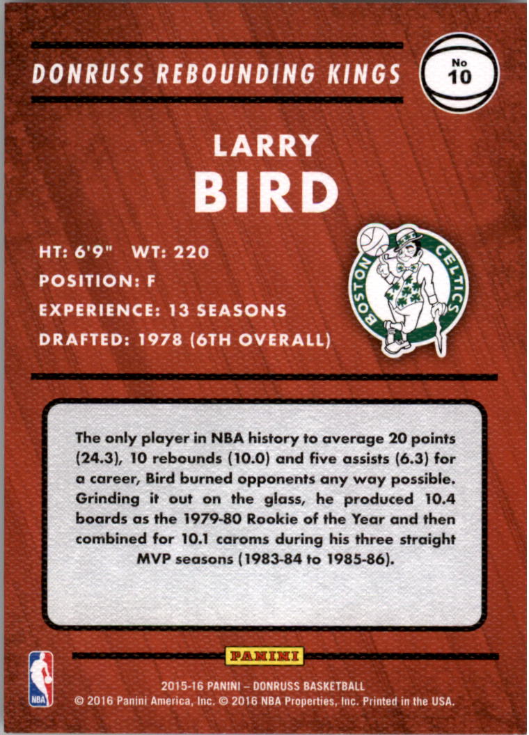 2015-16 Donruss Rebounding Kings #10 Larry Bird back image