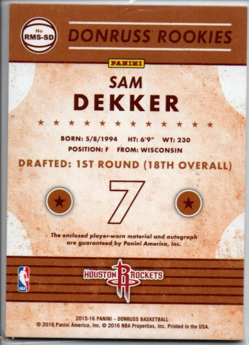 2015-16 Donruss Rookie Material Signatures Prime #18 Sam Dekker back image