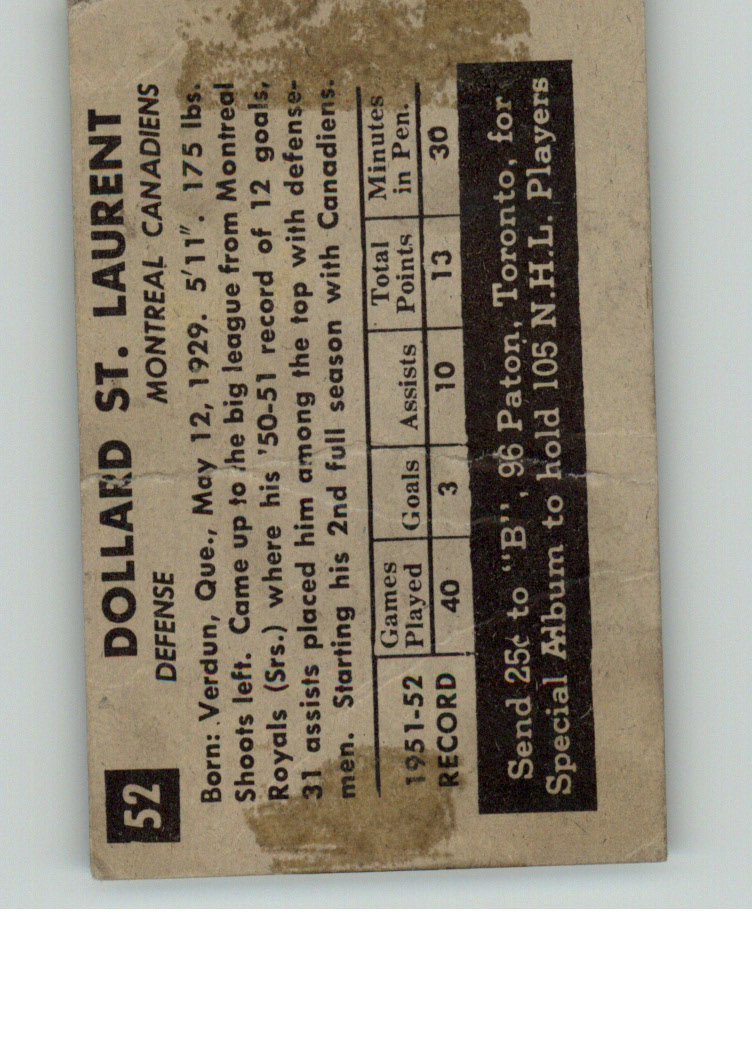 1952-53 Parkhurst #52 Dollard St.Laurent RC back image