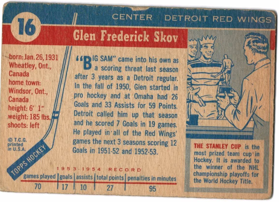 1954-55 Topps #16 Glen Skov back image