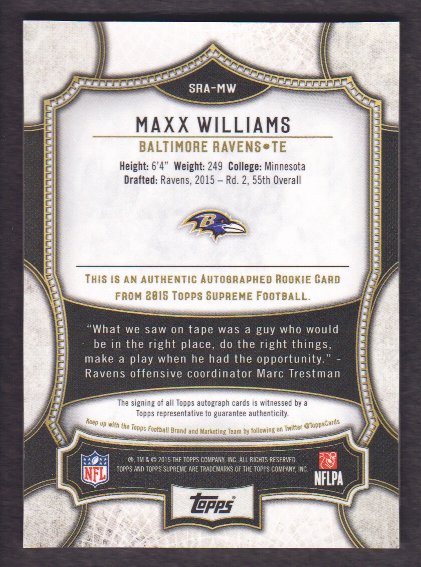 2015 Topps Supreme Rookie Autographs Gold #SRAMW Maxx Williams back image