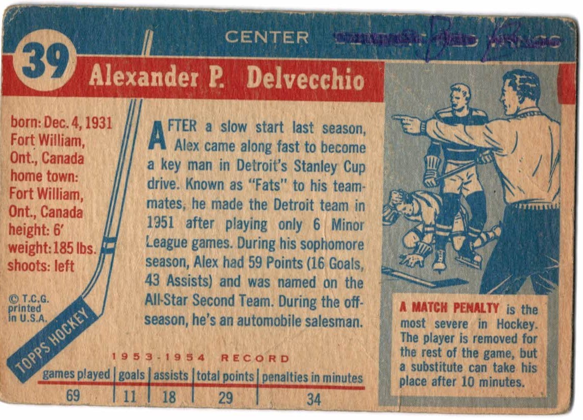 1954-55 Topps #39 Alex Delvecchio back image
