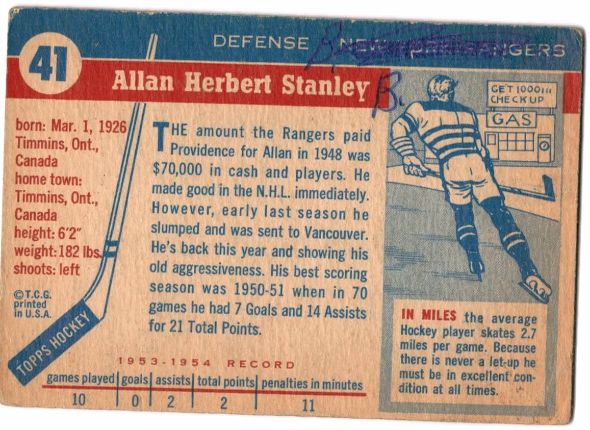 1954-55 Topps #41 Allan Stanley back image