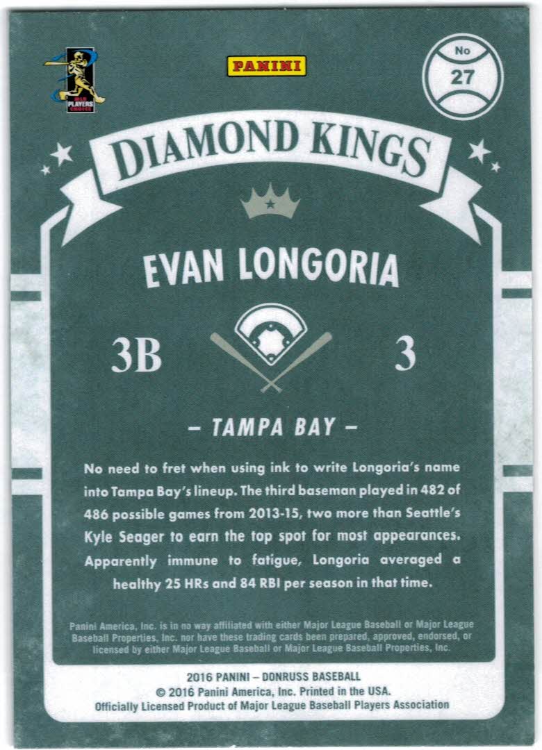 2016 Donruss #27 Evan Longoria DK back image