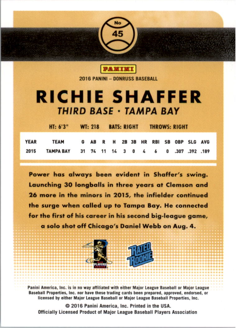 2016 Donruss Stat Line Career #45 Richie Shaffer RR/400 back image