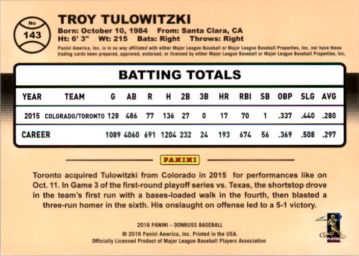 2016 Donruss Stat Line Season #143 Troy Tulowitzki/70 back image