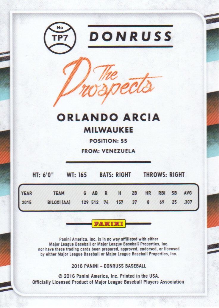2016 Donruss The Prospects #TP7 Orlando Arcia back image