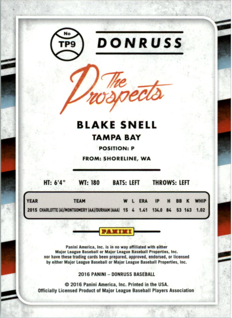 2016 Donruss The Prospects Career Stat Line #TP9 Blake Snell/275 back image