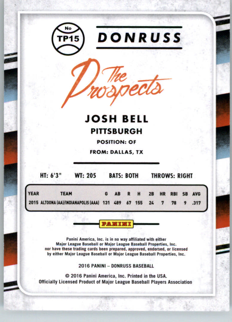 2016 Donruss The Prospects Gold Press Proof #TP15 Josh Bell back image