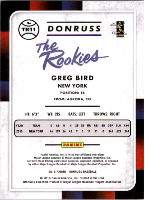 2016 Donruss The Rookies Career Stat Line #TR11 Greg Bird/400 back image
