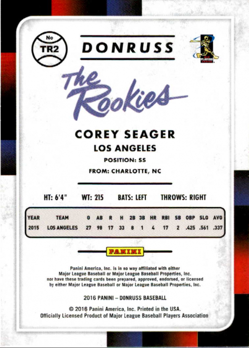 2016 Donruss The Rookies Season Stat Line #TR2 Corey Seager/337 back image