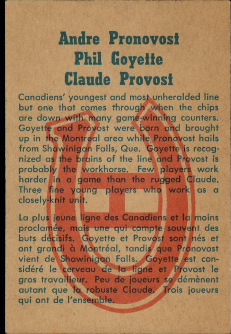 1960-61 Parkhurst #58 Claude Provost/Jean Pronovost/Phil Goyette back image