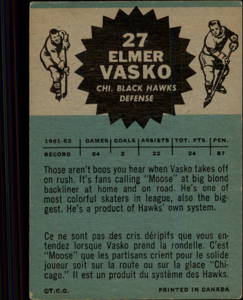1962-63 Topps #27 Elmer Vasko back image