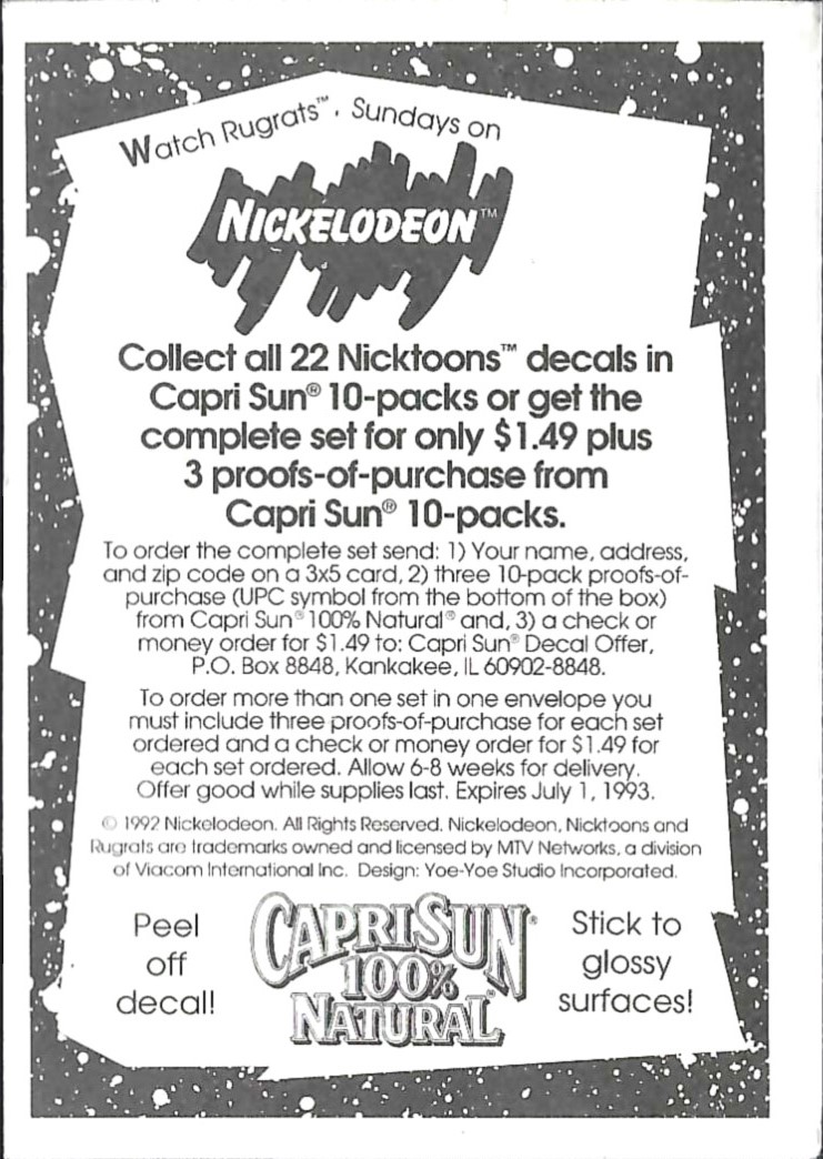 1992 Capri Sun Nicktoons Decals #5 Didi Pickles back image
