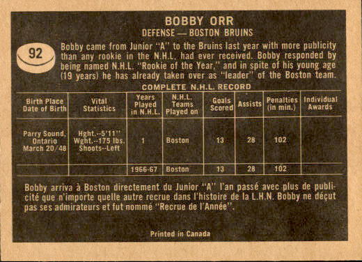 1967-68 Topps #92 Bobby Orr back image