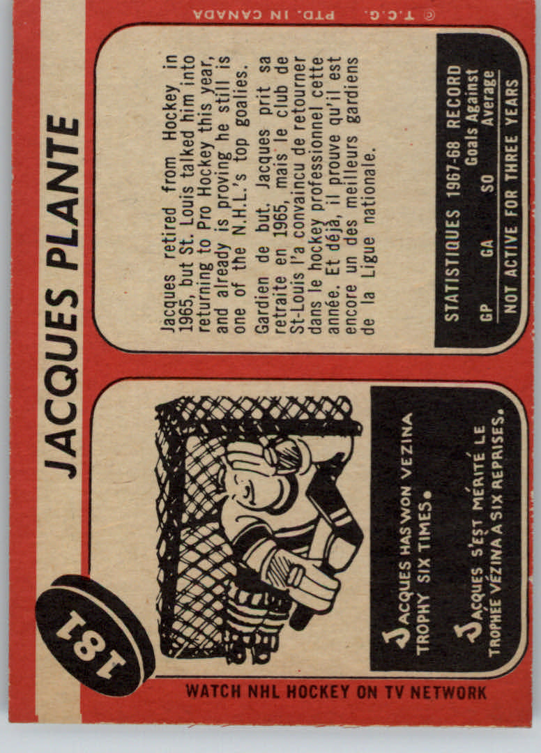 1968-69 O-Pee-Chee #181 Jacques Plante DP back image
