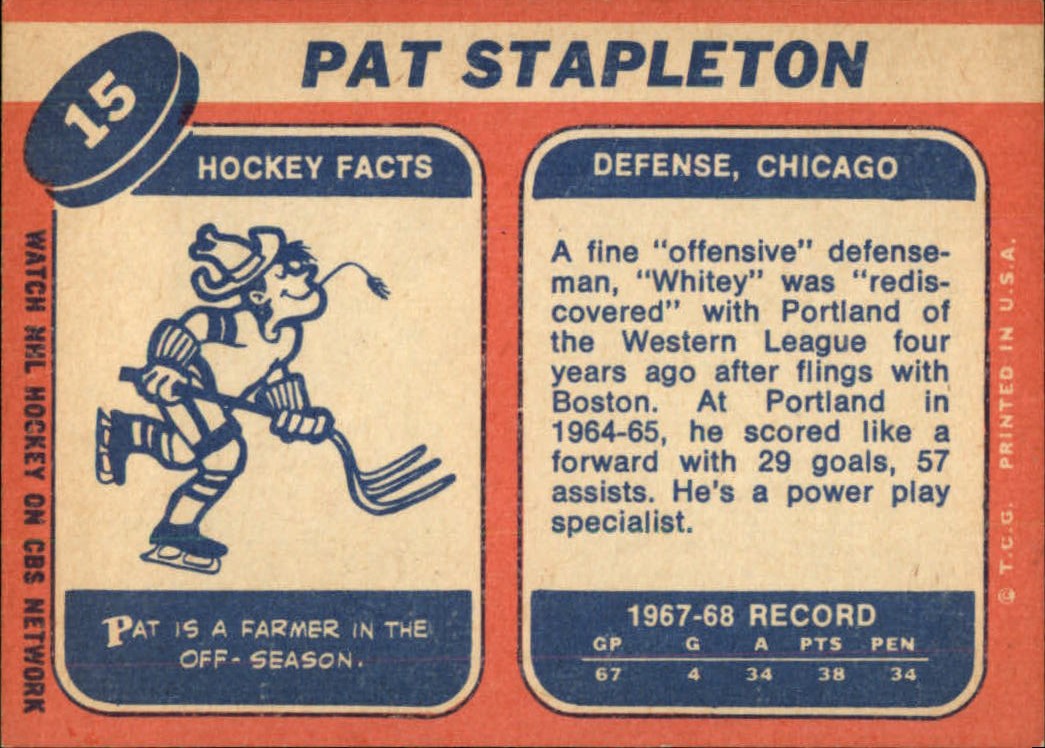 1968-69 Topps #15 Pat Stapleton back image