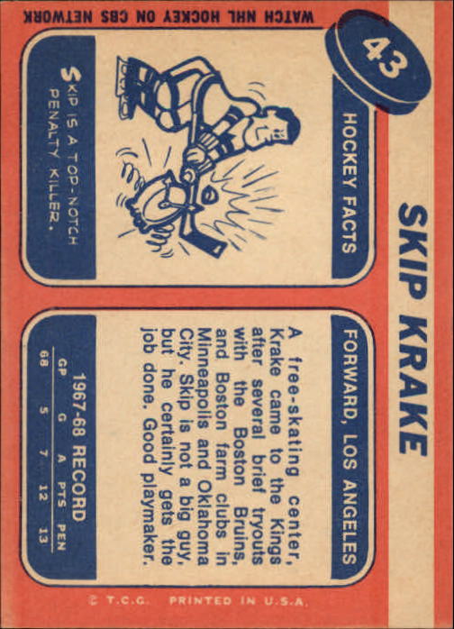 1968-69 Topps #43 Skip Krake UER/(Photo actually/Don Awrey) back image