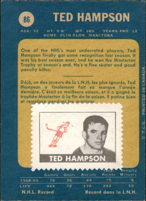 1969-70 O-Pee-Chee #86 Ted Hampson back image