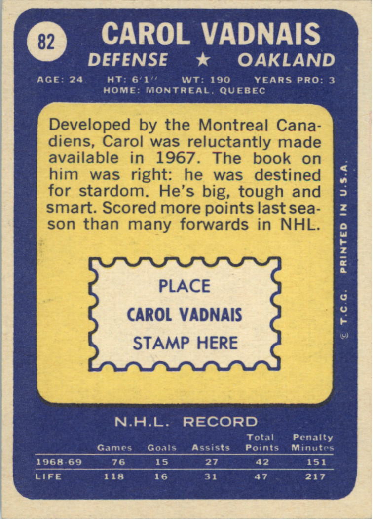 1969-70 Topps #82 Carol Vadnais back image