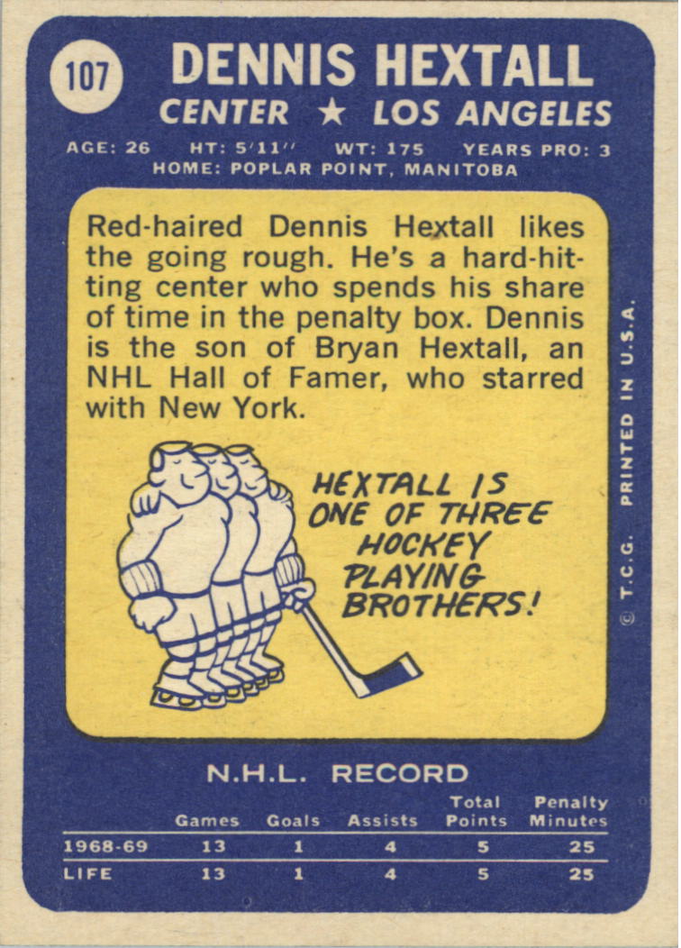 1969-70 Topps #107 Dennis Hextall RC back image