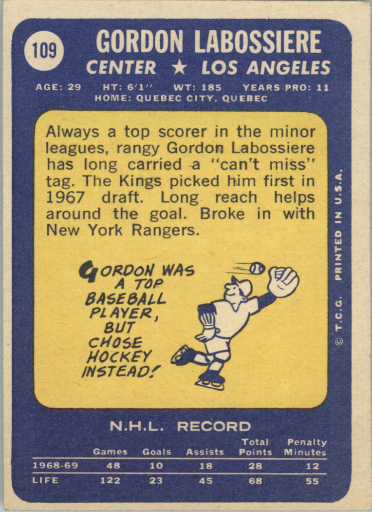1969-70 Topps #109 Gord Labossiere back image