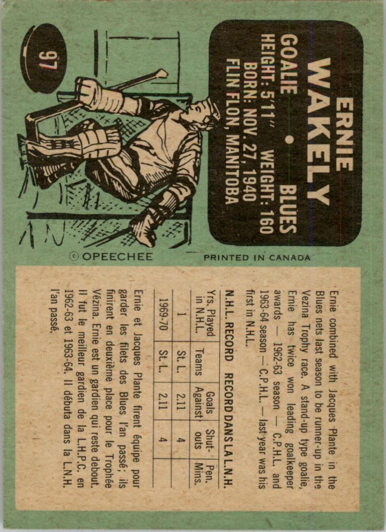 1970-71 O-Pee-Chee #97 Ernie Wakely RC back image