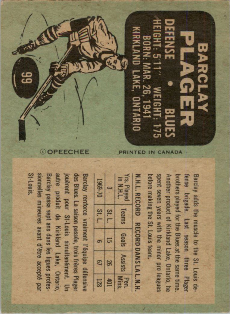 1970-71 O-Pee-Chee #99 Barclay Plager back image