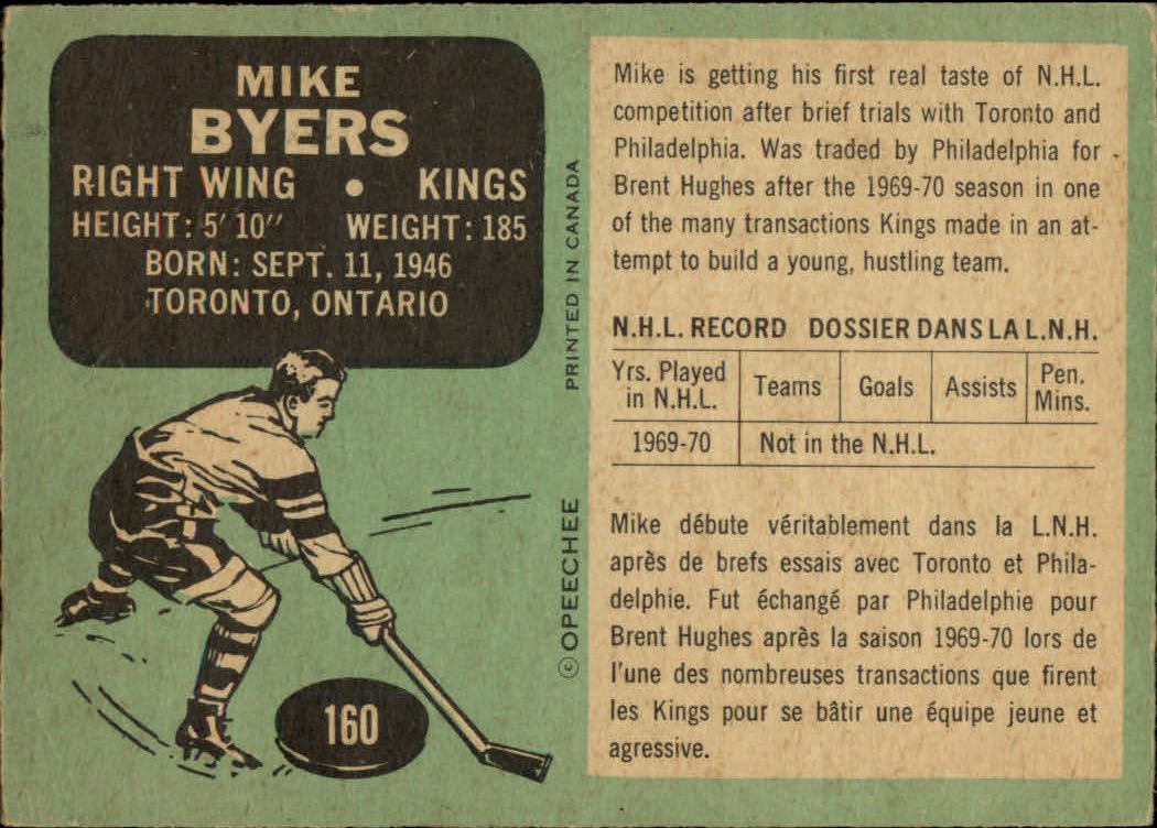 1970-71 O-Pee-Chee #160 Mike Byers RC back image