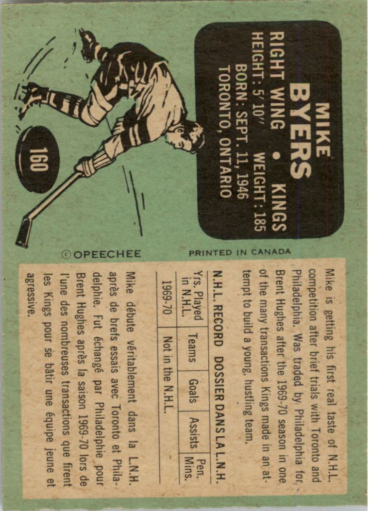 1970-71 O-Pee-Chee #160 Mike Byers RC back image