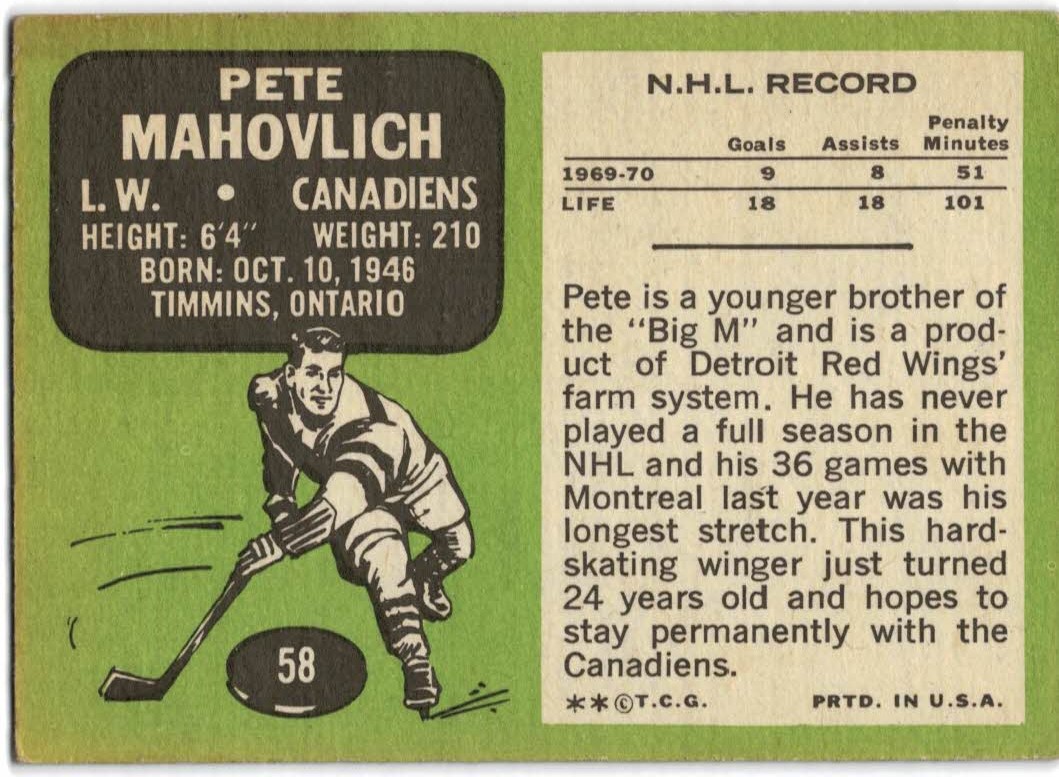 1970-71 Topps #58 Peter Mahovlich back image