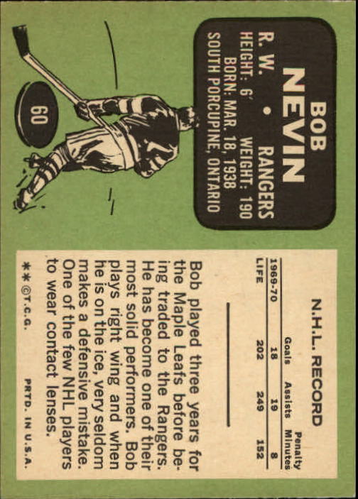 1970-71 Topps #60 Bob Nevin back image