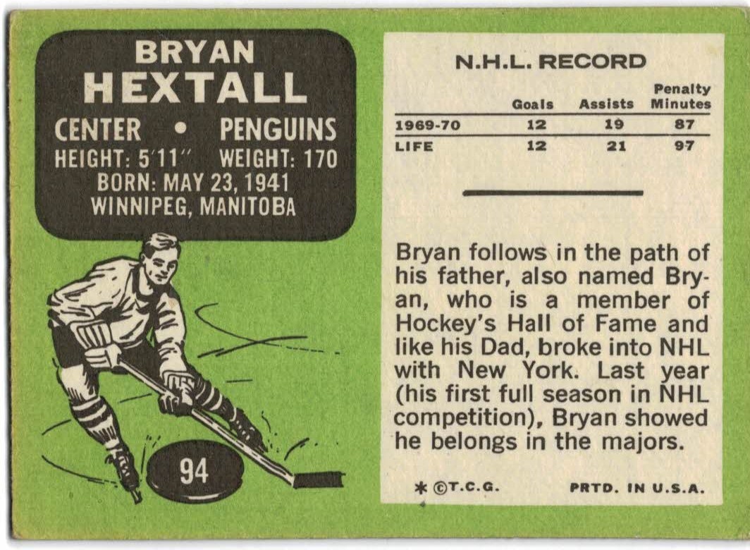 1970-71 Topps #94 Bryan Hextall back image