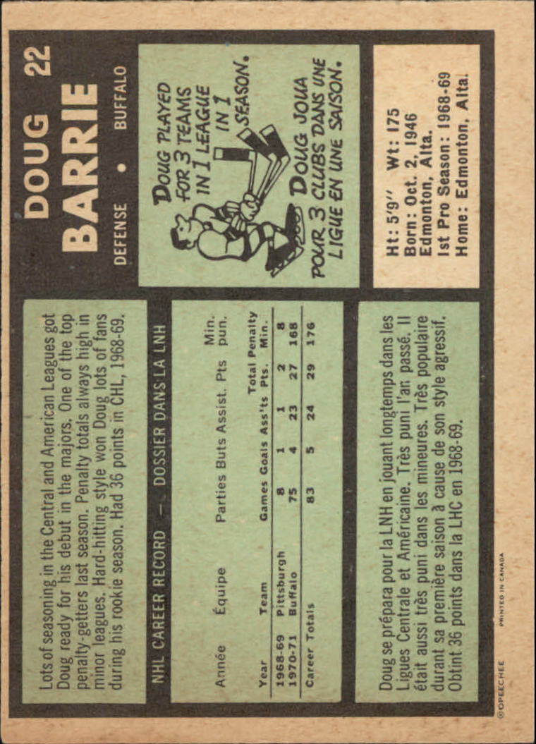 1971-72 O-Pee-Chee #22 Doug Barrie RC back image