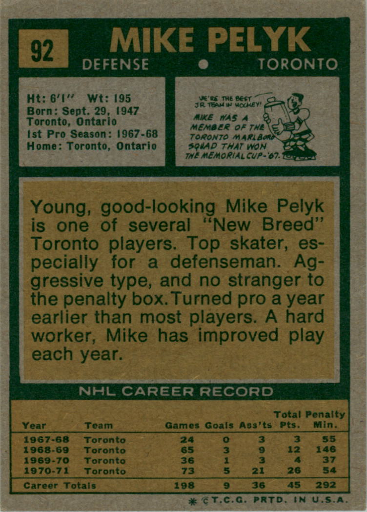 1971-72 Topps #92 Mike Pelyk back image