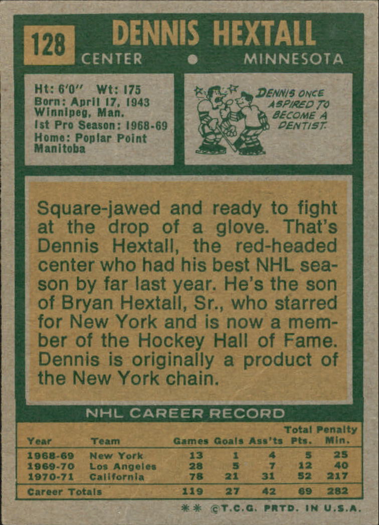 1971-72 Topps #128 Dennis Hextall back image