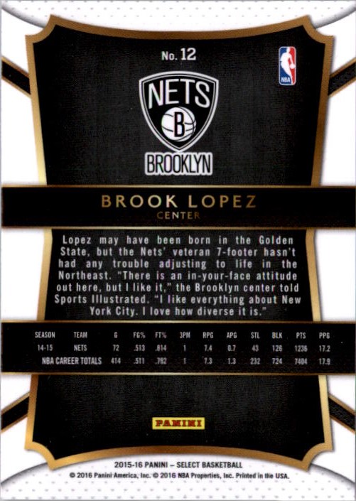 2015-16 Select #12 Brook Lopez CON back image