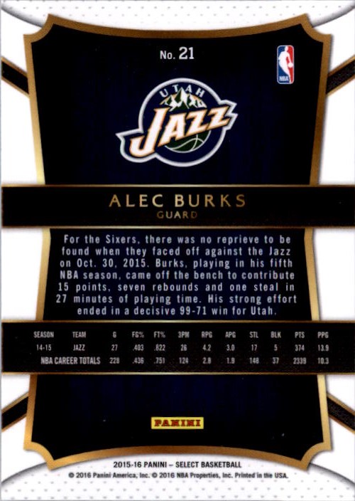 2015-16 Select #21 Alec Burks CON back image