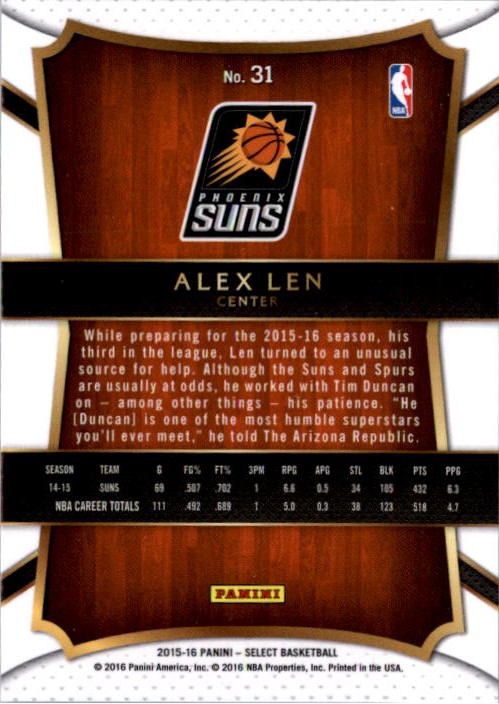 2015-16 Select #31 Alex Len CON back image
