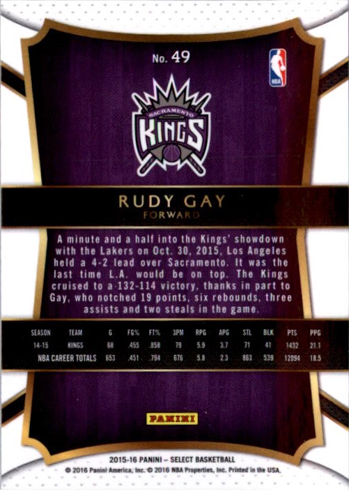 2015-16 Select #49 Rudy Gay CON back image