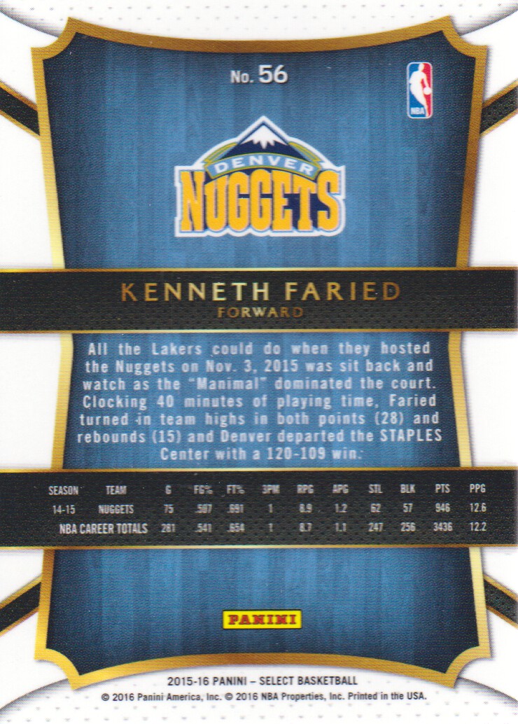 2015-16 Select #56 Kenneth Faried CON back image
