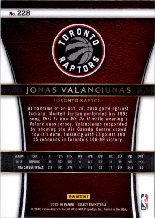 2015-16 Select #228 Jonas Valanciunas COU back image