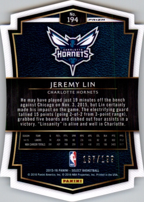 2015-16 Select Premier Prizms Light Blue Die Cut #194 Jeremy Lin back image