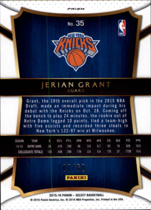 2015-16 Select Concourse Prizms Orange #35 Jerian Grant back image
