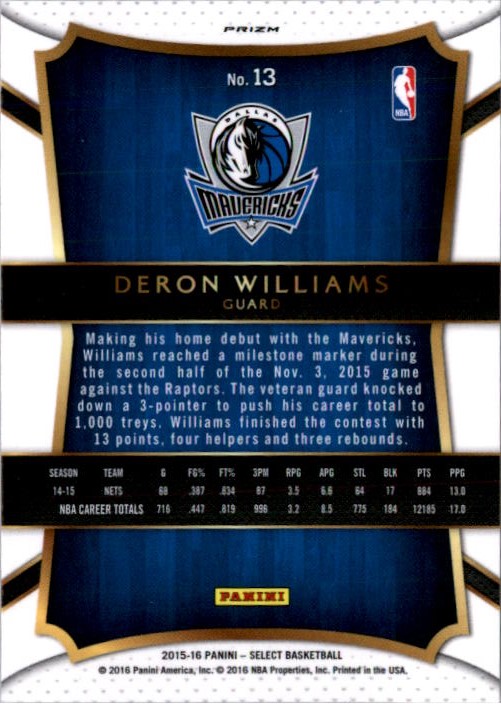 2015-16 Select Prizms Silver #13 Deron Williams CON back image