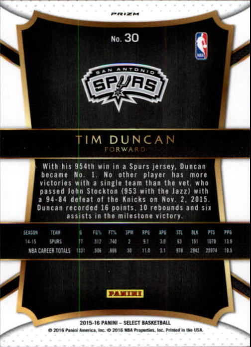 2015-16 Select Prizms Silver #30 Tim Duncan CON back image