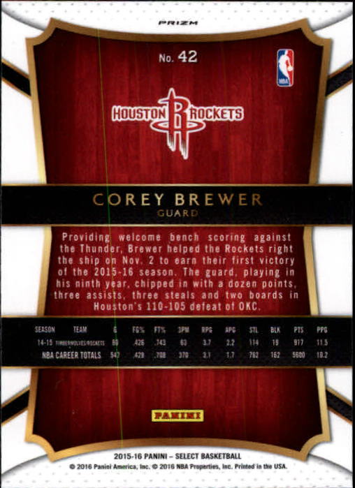 2015-16 Select Prizms Silver #42 Corey Brewer CON back image